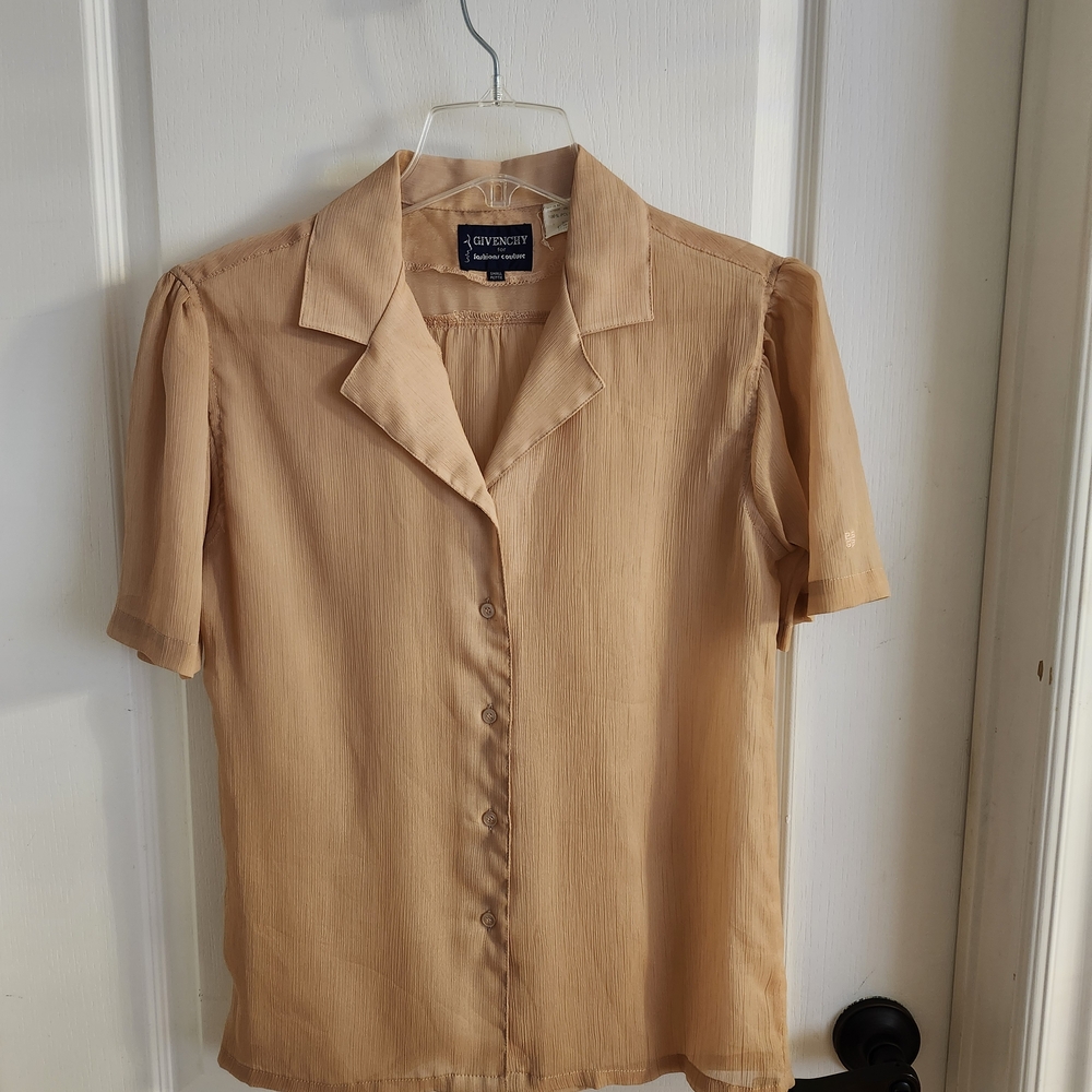 Vintage Givenchy For Fashion Couture Short Sleeve Button Front Blouse - Camel